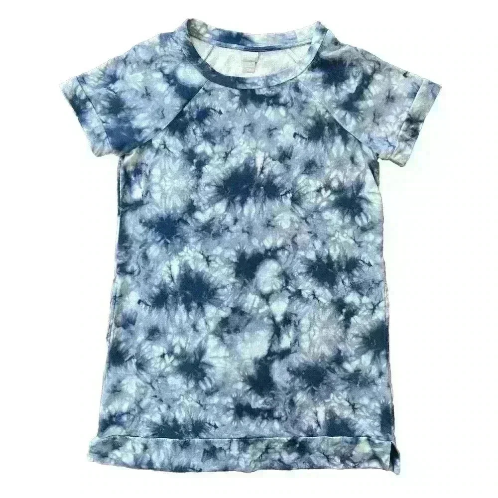 Chico's Zenergy Tie Dye Blue Sweatshirt Dress Sz One 8/10 Medium Short Sleeve